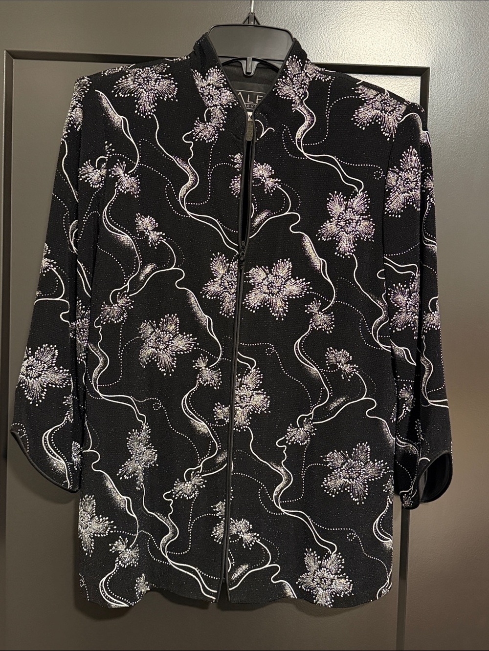 Alex Evenings Black Floral-Print Zip-Front Jacket